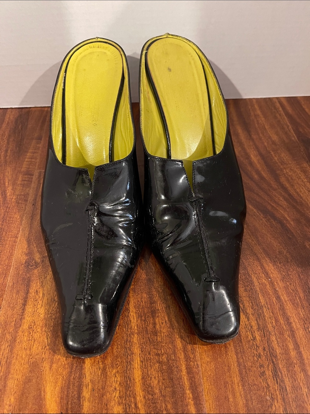 Donald J. Pliner Black Patent Slip-On Heels with Yellow Insole